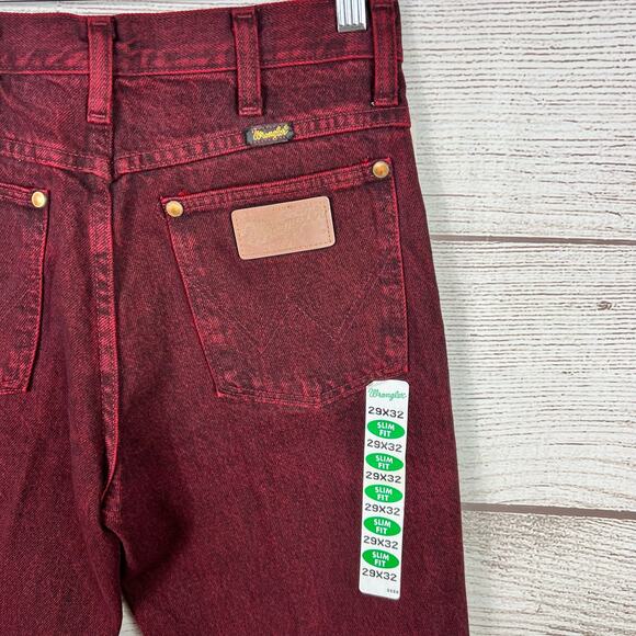 Vintage Wrangler Men's Firewash 90's Burgundy Red Slim Fit Jeans Size 29x32 - Picture 7 of 10